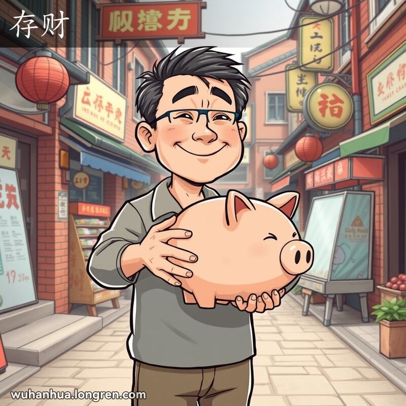 一位武汉男子手持满满的储蓄罐，脸上带着满意的笑容，背景是武汉老街景
