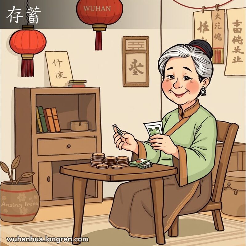一位中年武汉妇女坐在家中数钱，背景是温馨的客厅，摆放着传统的中国元素。