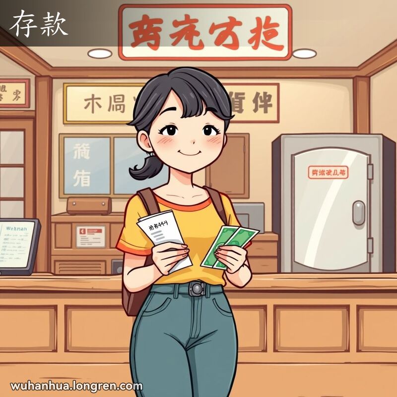 一位武汉女子在银行柜台前存款，背景是传统银行内部场景