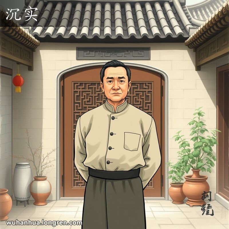 一位中年男子在武汉老院子中，神情稳重，背景有木雕门和绿植，画面宁静。