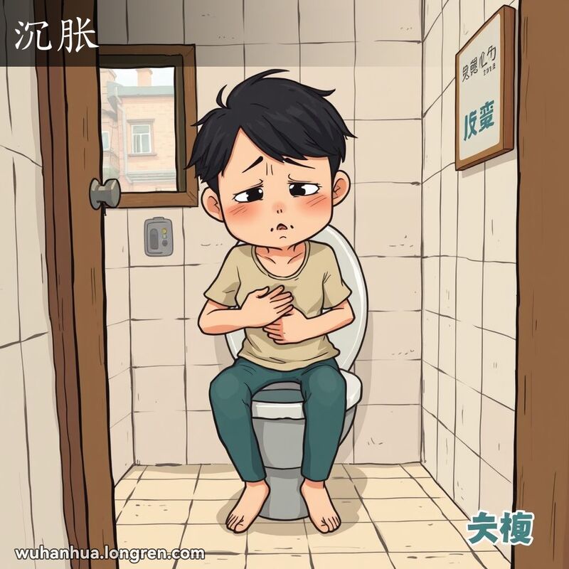 一个人坐在厕所里，手捂肚子，表情痛苦，背景是老式厕所和武汉小巷
