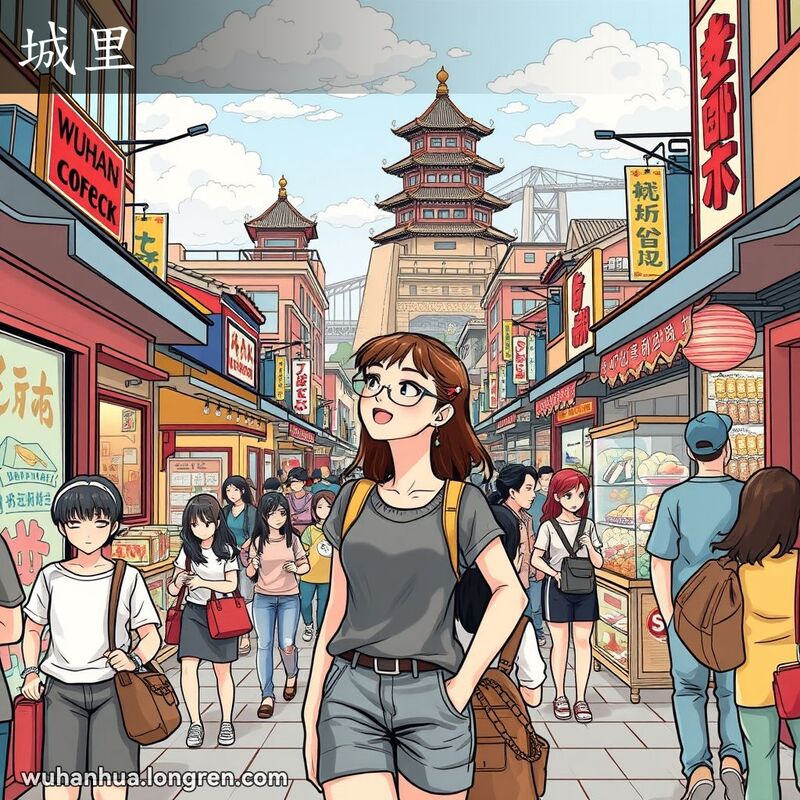武汉市繁忙街道，一位年轻女子正在逛街，背景有黄鹤楼和长江大桥
