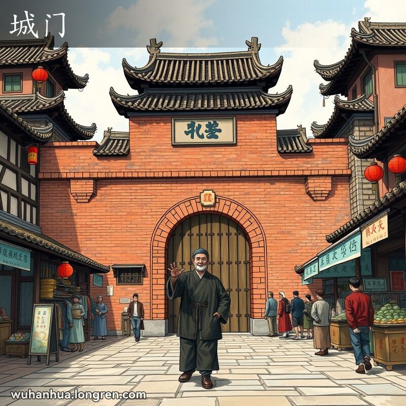 武汉古老城门，周围有传统建筑和红灯笼，前景中有穿传统服装的居民指向城门，背景是繁忙的市场。