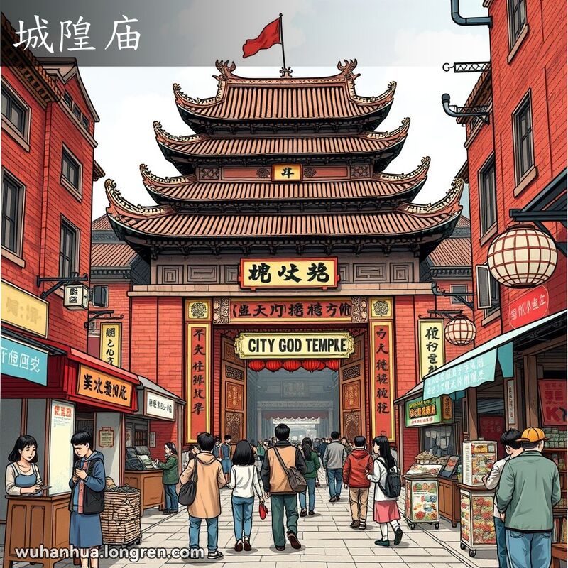 武汉老街繁忙景象，城隍庙宏伟精美，庙前摊贩售卖香火和小吃，人们进庙祈祷点香。