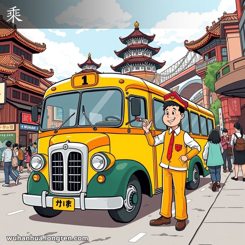 武汉街头停靠的老式公交车，司机邀请乘客上车，背景是黄鹤楼和长江大桥