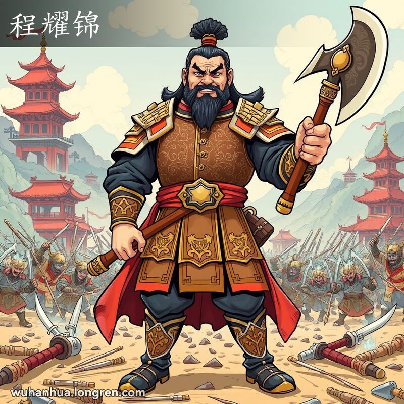 勇士程耀锦手持巨斧，站在古战场上，背景有古代建筑和山脉，画面风格生动有力。