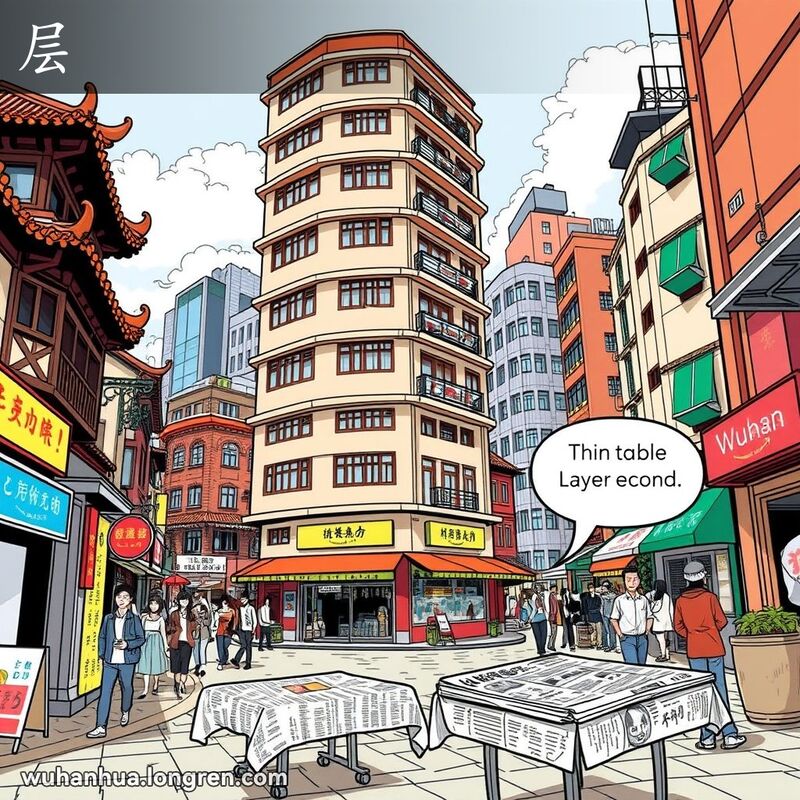 武汉街道上的五层高楼和铺着报纸的桌子，展示了'层'的两种含义。
