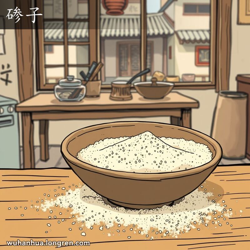一碗混有沙子的面粉放在传统武汉厨房桌上，背景是老街风貌