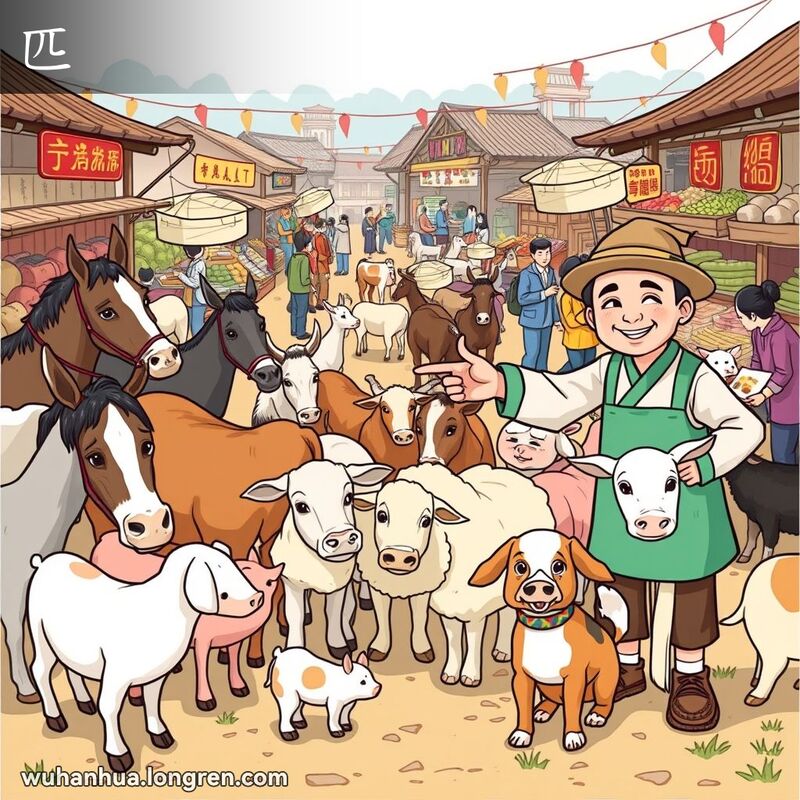 武汉乡村集市上，农民指着成对的马、骡、牛、羊、猪、狗等动物，背景有摊位和热闹的交谈场景。