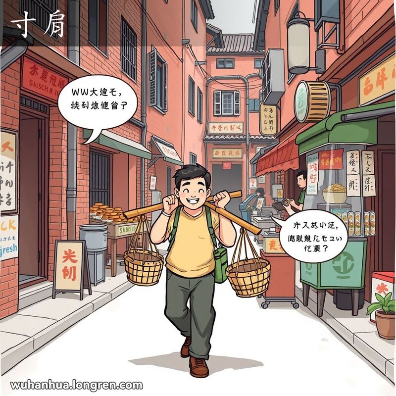 一位武汉市民挑着担子走在老街上，距离小摊贩非常近，背景是武汉老街景