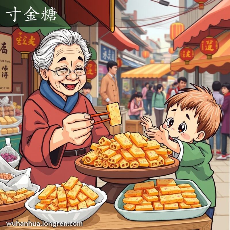 武汉街头小吃摊，老妇人递给孩子一块寸金糖，背景是热闹的市场和其他小吃