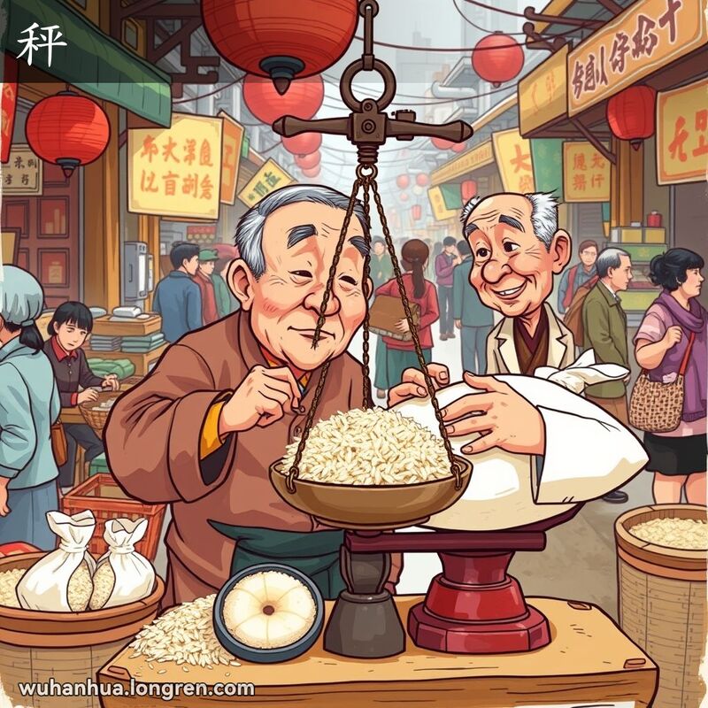 武汉传统市场中，老人用杆秤称米，背景有其他摊位和顾客