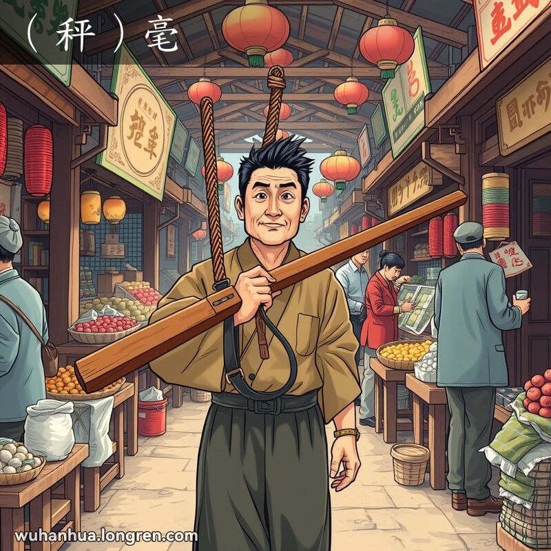 一位男子在传统市场中手持杆秤，杆秤的手提部分由绳子或皮条制成，背景是热闹的市场场景