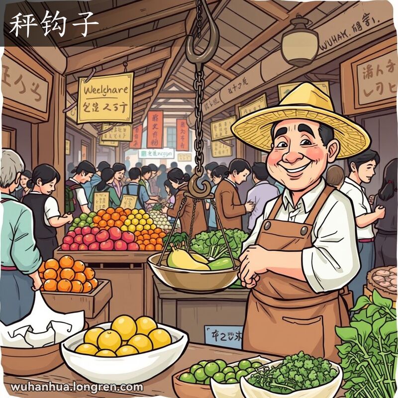 武汉市场摊主使用杆秤称重，杆秤上有金属钩子，背景是忙碌的市场场景
