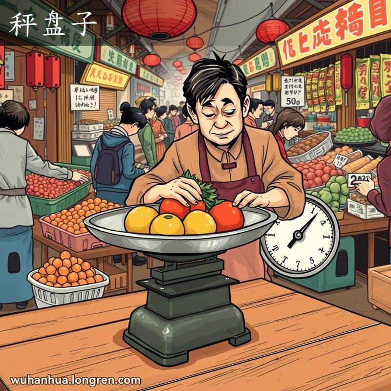 武汉传统市场中，摊贩使用老式秤盘子称重蔬菜，背景有其他摊位和顾客