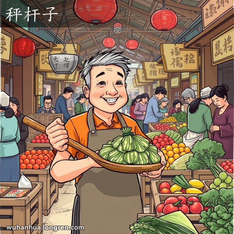 武汉传统市场中，一位中年男子手持木制杆秤称量蔬菜，背景是热闹的市场和摊位