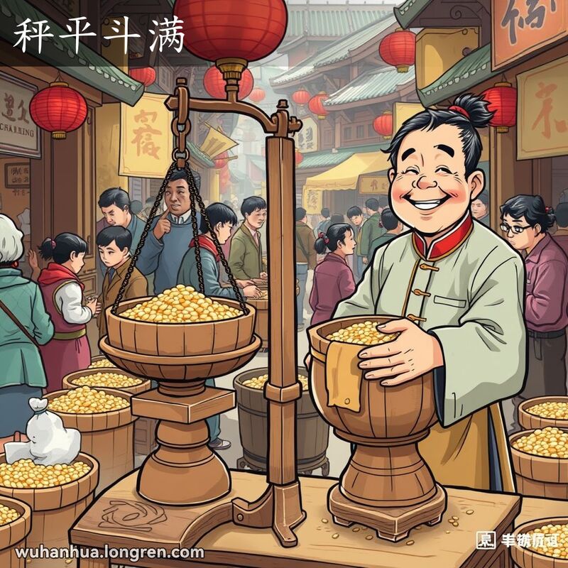 武汉旧时市场，摊贩用杆秤称量货物，秤平衡，斗装满，摊贩满意微笑，背景有其他摊贩和顾客。