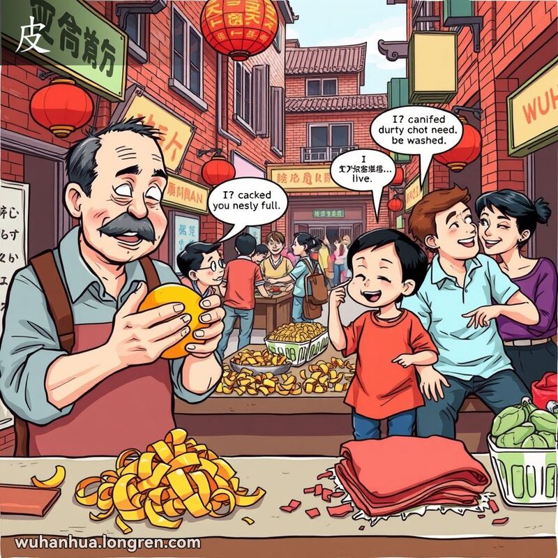 武汉街头市场，男子剥橙子皮，女子责骂孩子脏衣服，背景情侣亲密交谈
