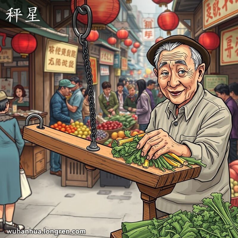 武汉传统市场中，摊贩使用带有金属小圆点的杆秤称量蔬菜，背景是热闹的市场场景