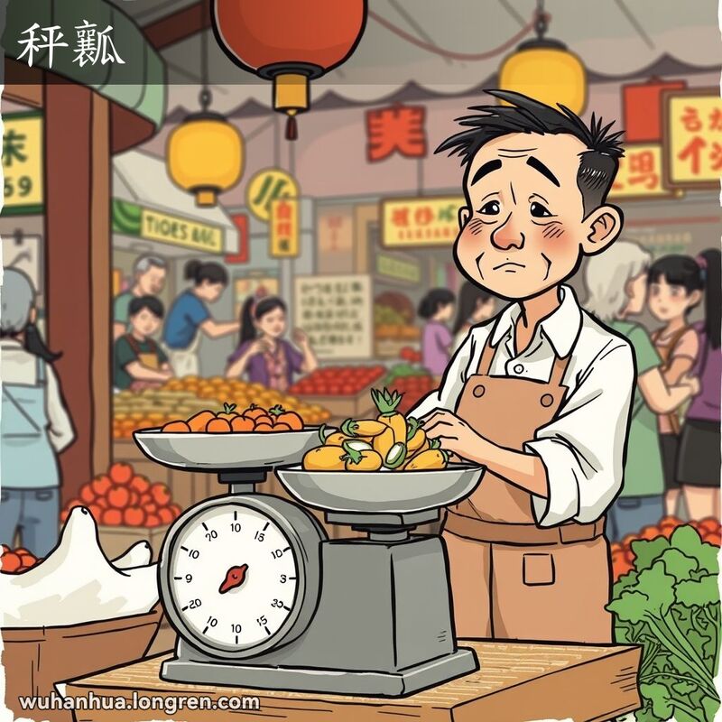 武汉市场摊位上，摊主用老式秤称蔬菜，秤指针偏低，表情失望，背景是热闹的市场场景