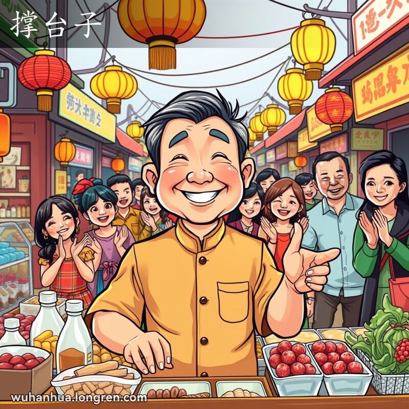 一个热闹的武汉市场，一位中年男子在摊位前推销商品，身后有人为他加油打气，背景是五彩缤纷的市场摊位和忙碌的顾客