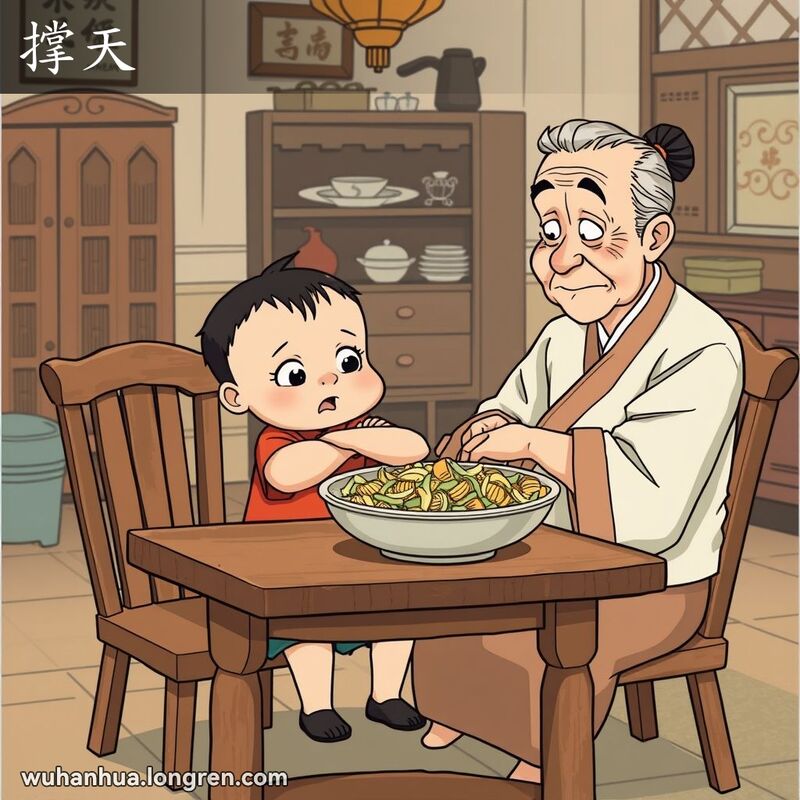 一个武汉家庭中，孩子坐在桌前，长辈端上食物，孩子表情娇生惯养，长辈神情无奈。