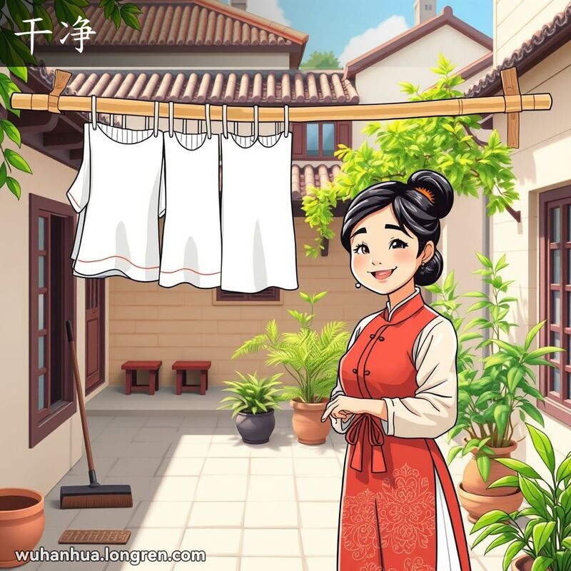 一位女子在整洁的院子里晾晒干净的衣服，背景是武汉老式居民区