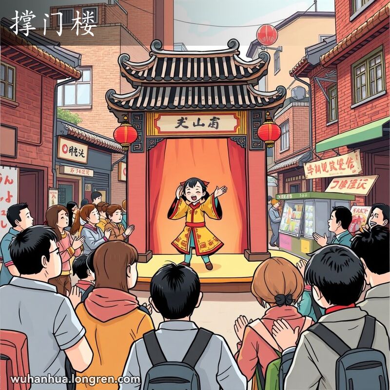 武汉老街上，一群人围观表演者在装饰华丽的门楼前唱歌跳舞，背景是红砖墙和小摊贩。