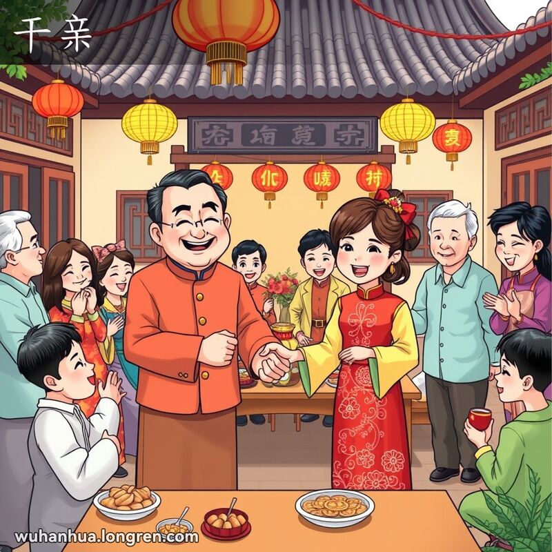两对夫妇在传统武汉庭院中庆祝干亲仪式，背景有家人和朋友在庆祝，桌上摆满了武汉小吃和装饰。