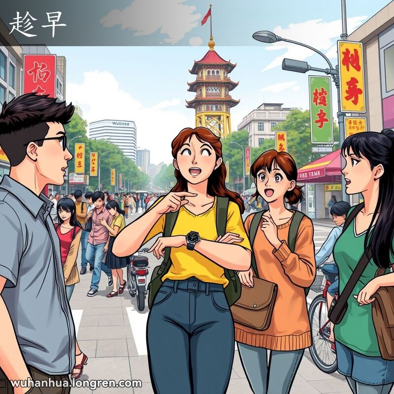 一群朋友在武汉繁忙的十字路口，一位年轻女子指着手表，急切地示意其他人赶紧行动，背景是黄鹤楼和城市生活场景。