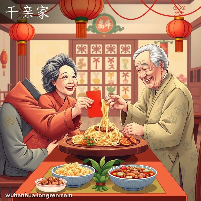 两家人在传统武汉家庭中庆祝结成干亲，长辈们互相拥抱，递红包，背景是传统中国装饰和红灯笼。