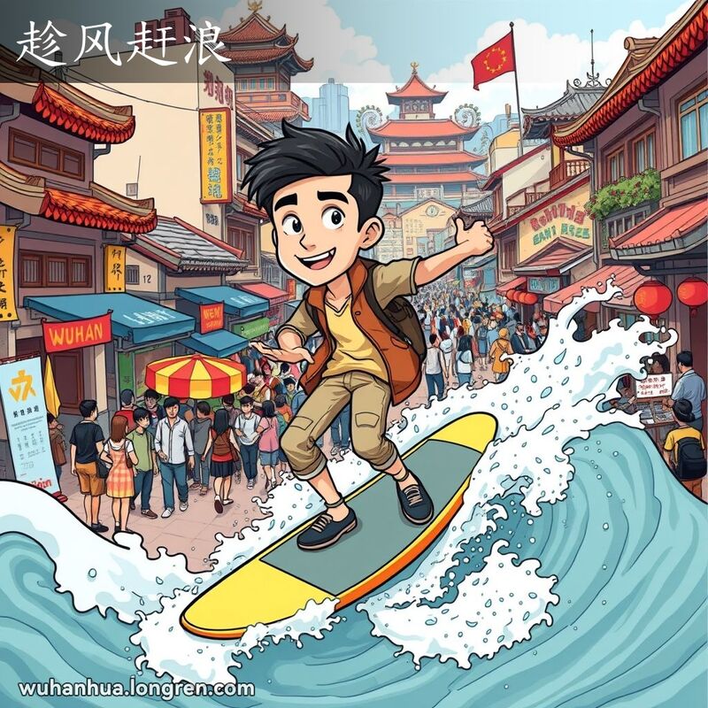 一个年轻人站在冲浪板上，驾驭着由人群和机会组成的浪潮，背景是武汉街景