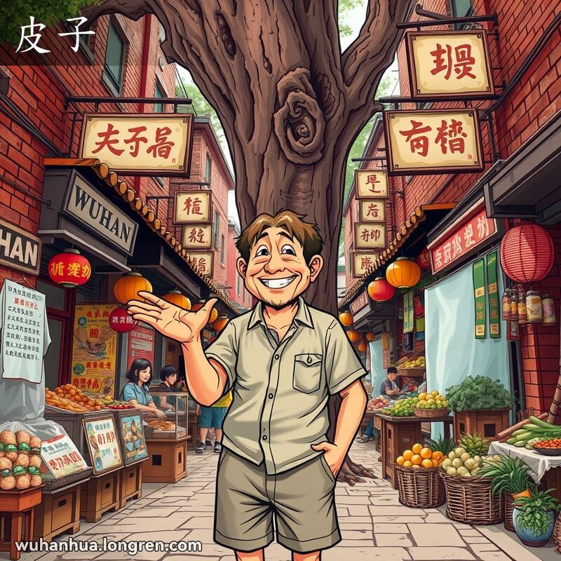 一位中年男子站在武汉街头的树旁，指着树皮，比较树皮的粗糙与自己的皮肤，背景是武汉的传统街市