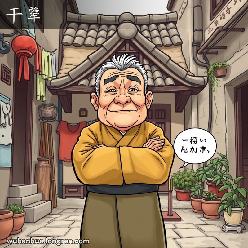 一位固执的武汉老人站在老房子前，双臂交叉，拒绝听取劝导，背景是武汉巷子景象