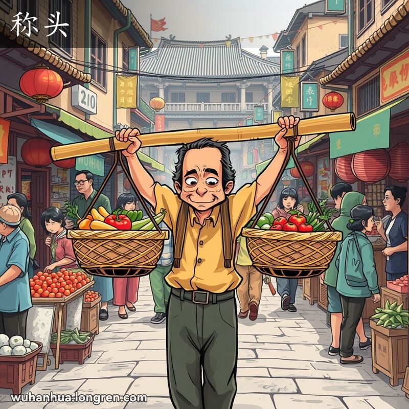 一位武汉男子在街市中用肩膀挑着均匀的篮子，体现“称头”的平衡之意，背景是热闹的街市