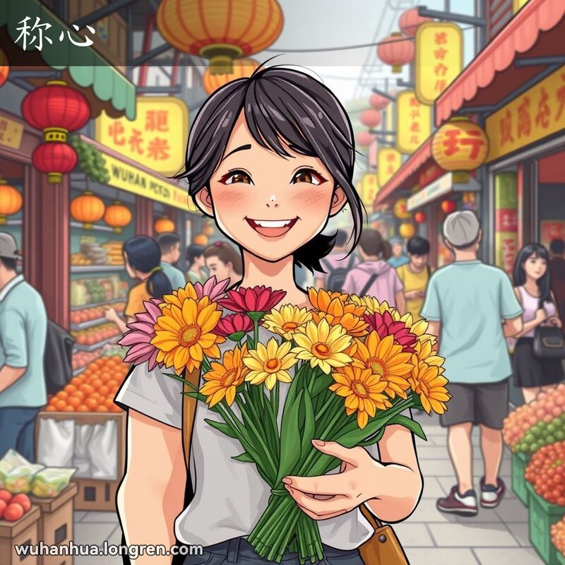 一位年轻的武汉女子在市场中手捧鲜花，露出满意的笑容，背景是热闹的市场摊位