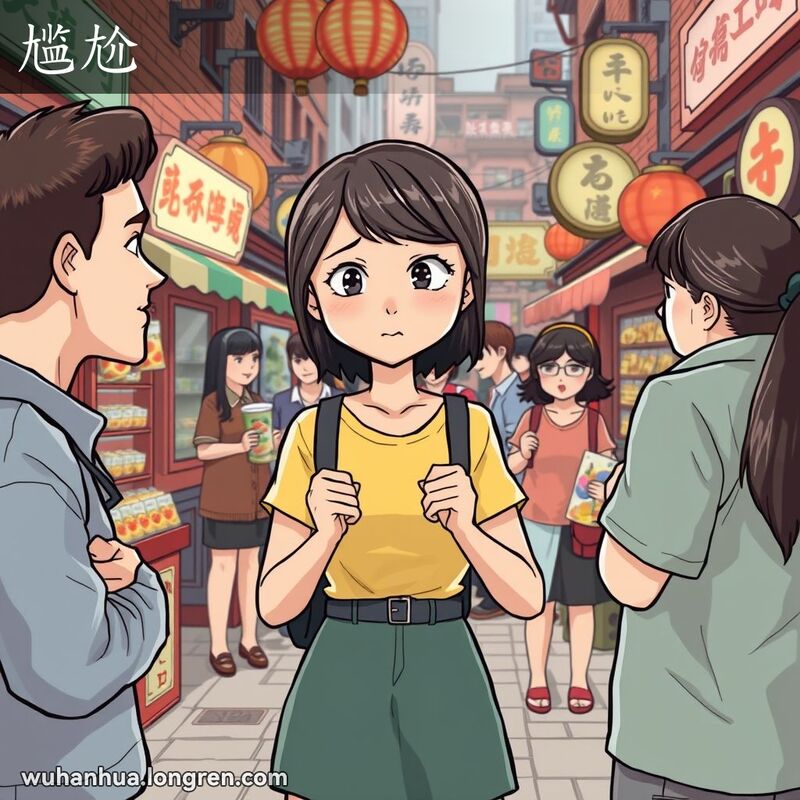 一位武汉女子站在两位争吵的朋友中间，表情尴尬，背景是武汉街头市场