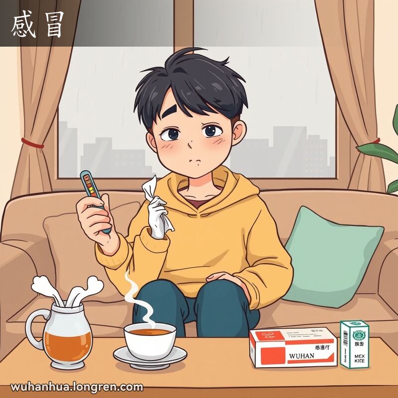 一位年轻的武汉市民坐在沙发上，手持纸巾和温度计，面露不适，背景是温馨的客厅和阴雨天气，桌上有热茶、纸巾盒和感冒药