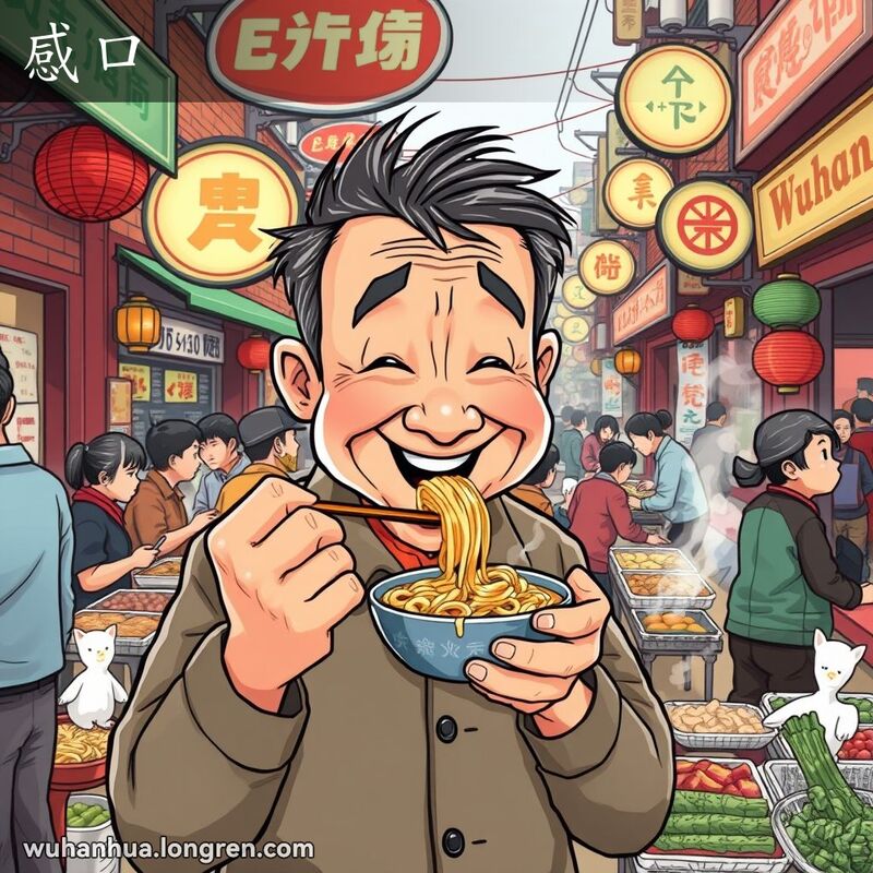 一位武汉男子在街头小吃摊前品尝面条，脸上露出满意的表情，背景是武汉老街景