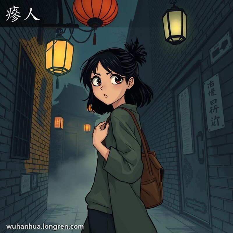 一个年轻女子在武汉夜晚的小巷中独自行走，表情恐惧，背景阴暗，传统中国灯笼投下阴影
