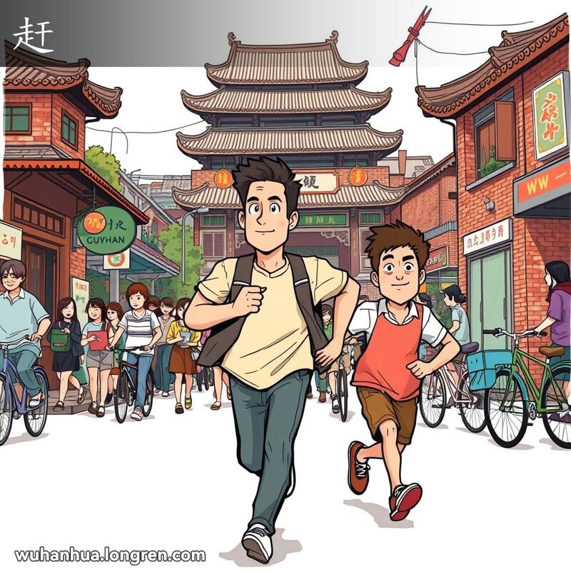 一位武汉市民在街道上匆忙追赶前方的人，背景是武汉街景，有行人、自行车和老建筑。