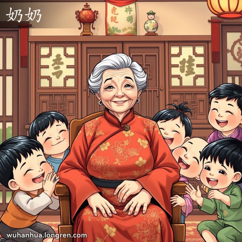 一位身穿传统旗袍的老奶奶坐在木椅上，脸上带着慈祥的笑容，背景是温馨的中式家庭环境，旁边有古色古香的柜子和装饰品，老奶奶周围是她的孙子孙女们，他们在嬉戏玩耍。