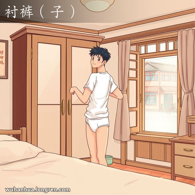 一位年轻男子在卧室镜子前穿着内裤整理衣物，背景是传统武汉风格的家具和街景