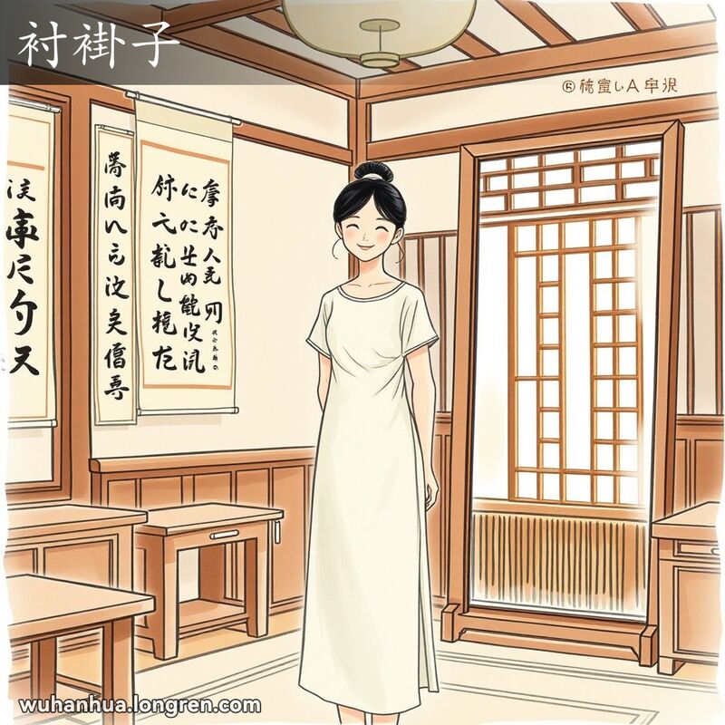 一位年轻女子在传统中式房间内，站在全身镜前，欣赏自己穿着的衬褂子，背景有木质家具和书法条幅