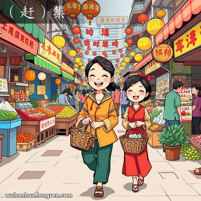 一位穿着传统服饰的武汉妇女手提篮子快步走向热闹的市场，背景是武汉的市场街景