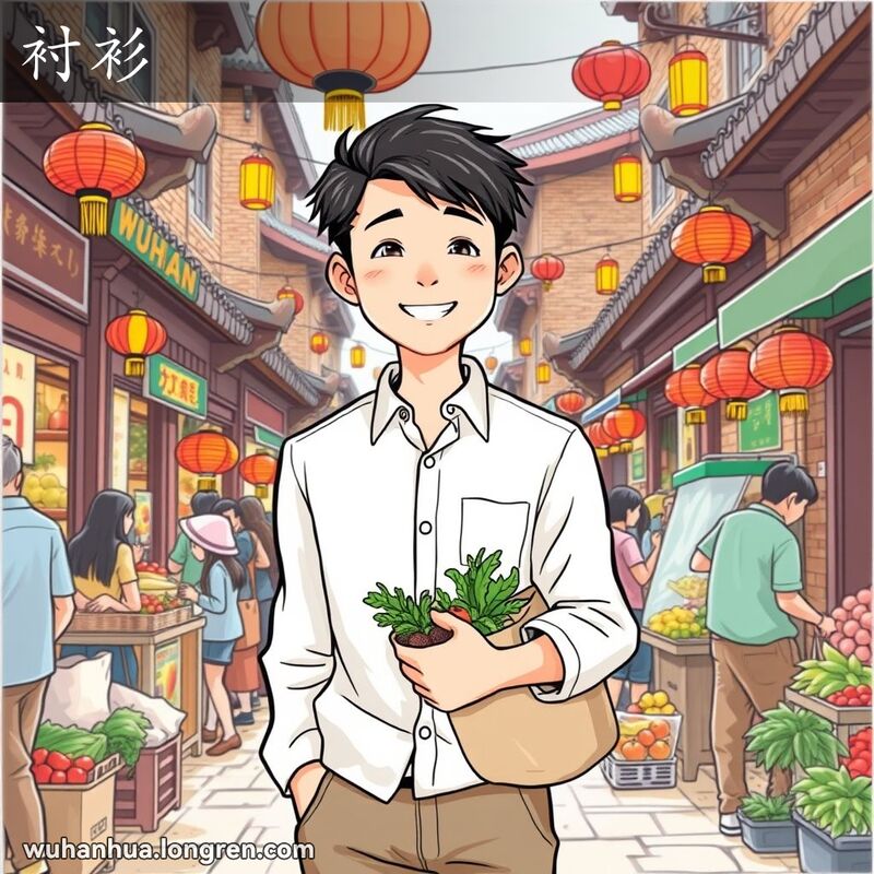 一位年轻的武汉男子穿着白色衬衫站在热闹的市场中，背景是武汉的传统街景
