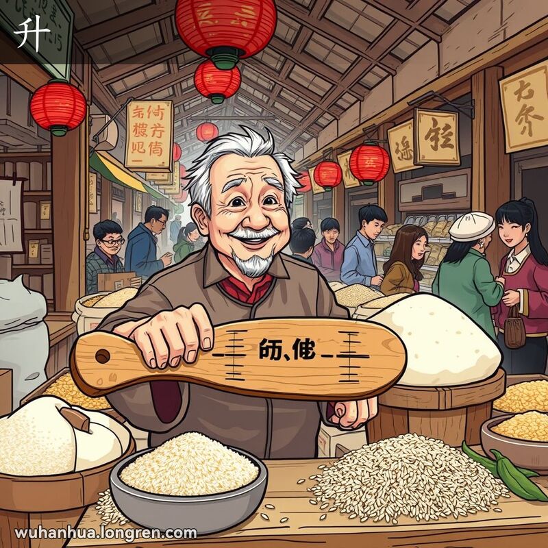 武汉旧时市场，摊贩用传统量具“斗”测量米粮，背景是忙碌的市场和其他摊贩