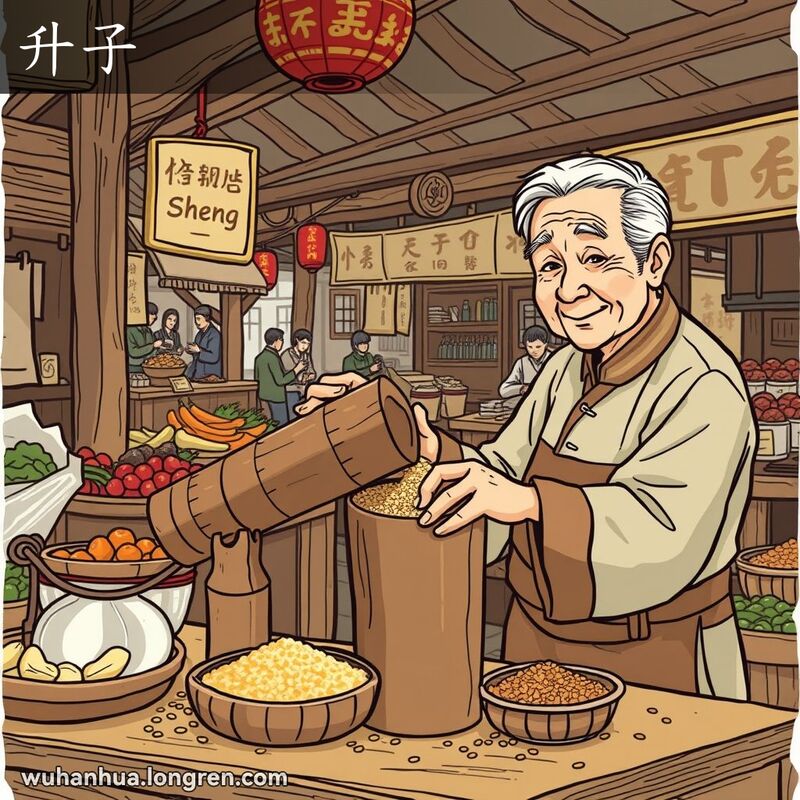 武汉旧时市场，摊贩用传统量粮食器具“升子”量取粮食，背景有其他摊位和热闹的市场氛围