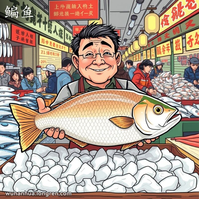 武汉鱼市场摊位上的鳊鱼，摊主自豪地举着鱼，背景是繁忙的市场