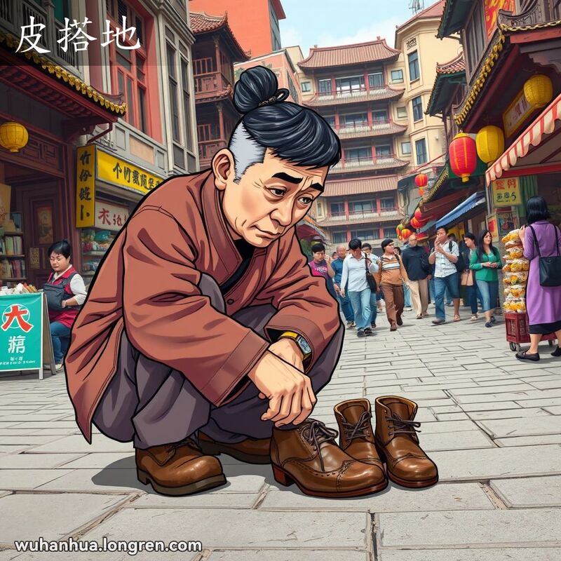 一位穿着传统中式服装的武汉市民蹲在街边，仔细察看一双摆在地上的皮鞋，背景是繁忙的武汉街头。